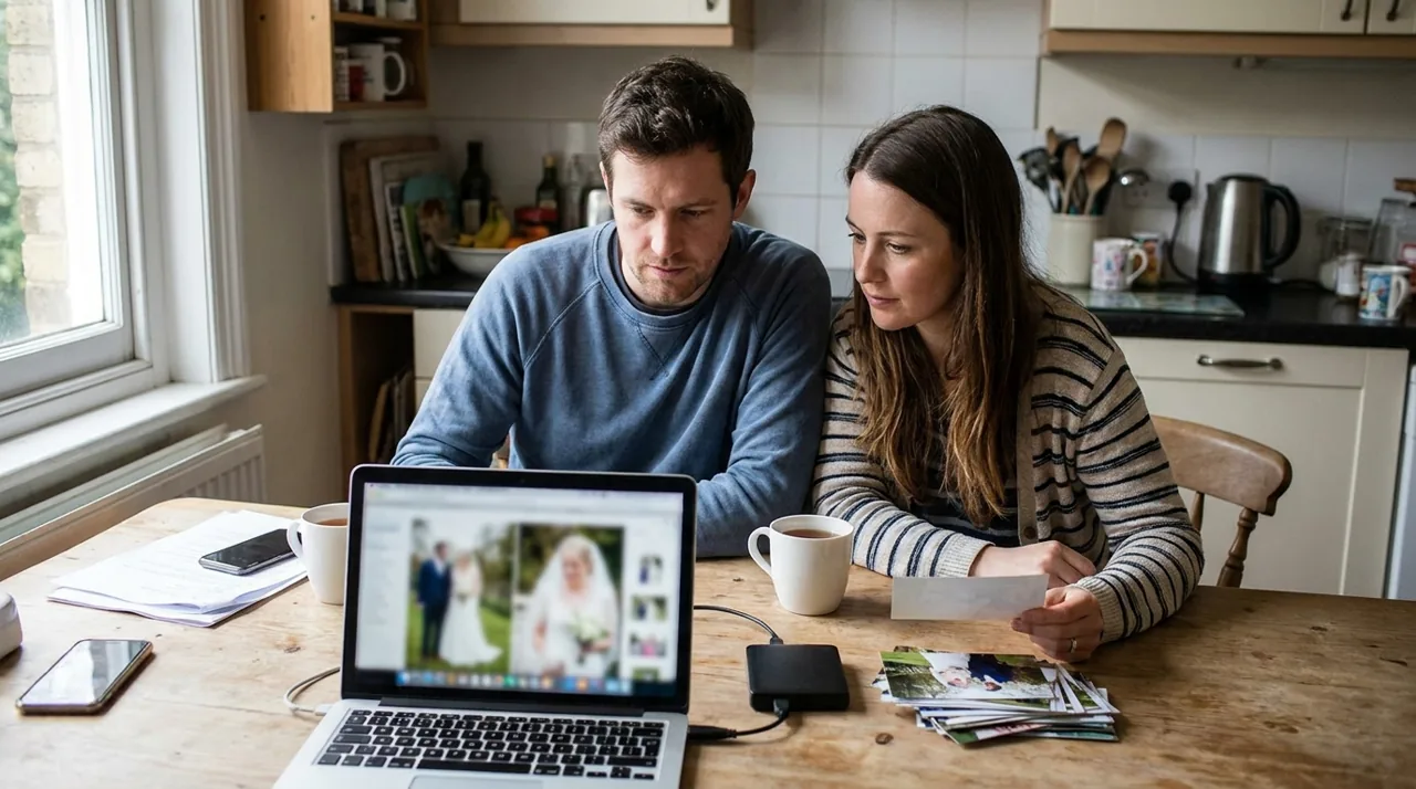 Paar am Küchentisch beim Durchsehen der Hochzeitsfotos am Laptop, daneben eine externe Festplatte und einige Abzüge