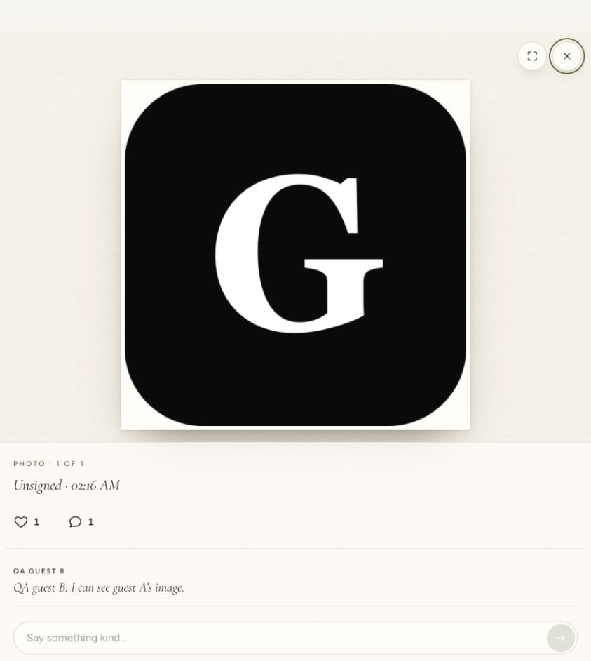 Album photo showing a like and a comment from the second guest