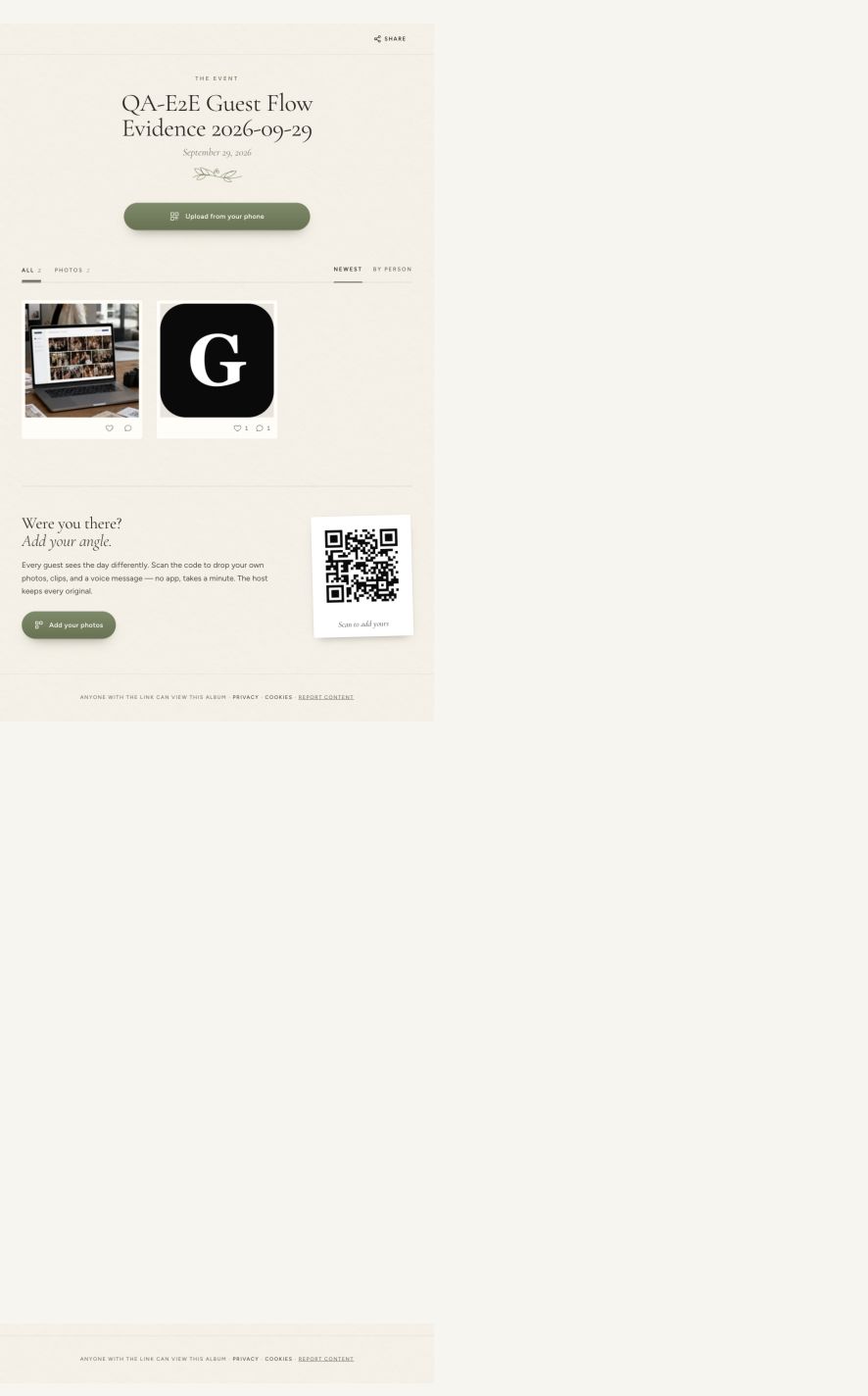 Gathmo test album with two different guest contributions visible after a refresh
