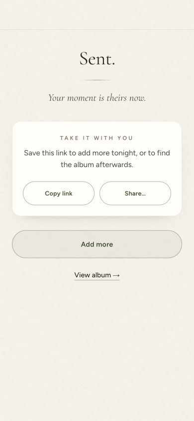 Gathmo confirmation screen after the first guest uploaded a test image