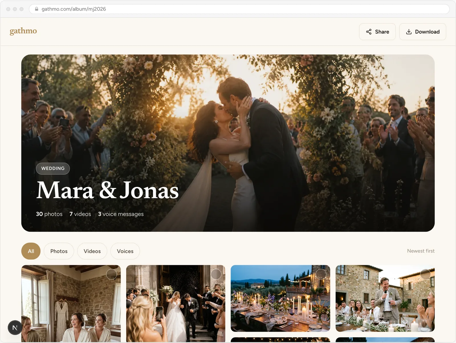 The shared album page with every guest upload in one grid