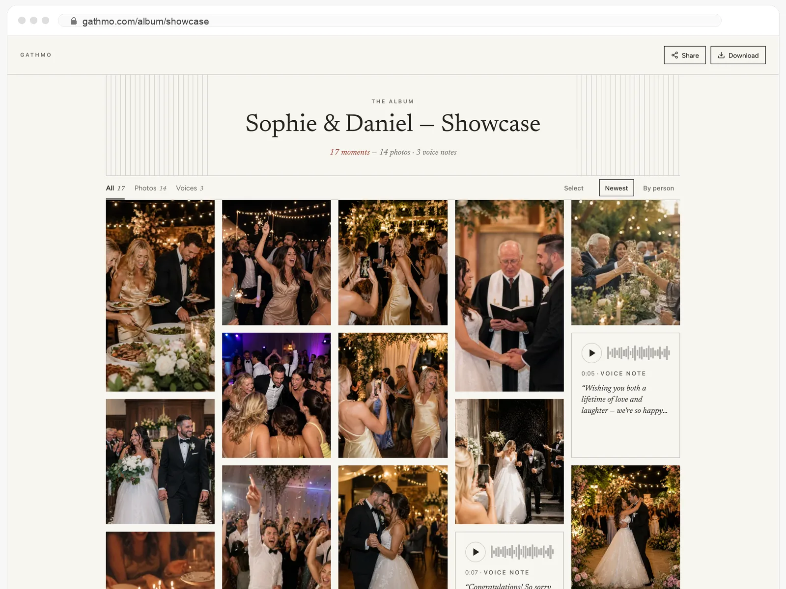 The shared album page with every guest upload in one grid