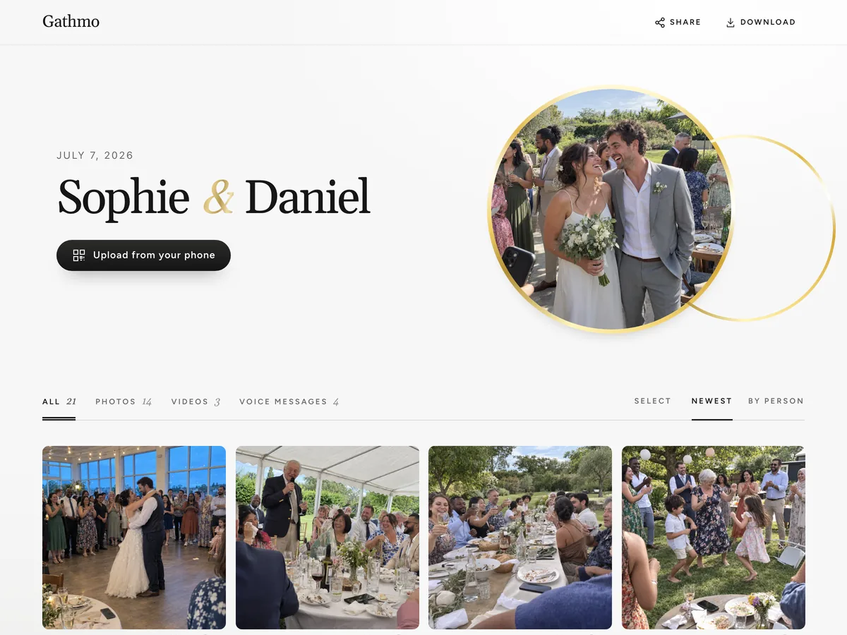 La page d'album partagée, avec tous les envois des invités dans une grille