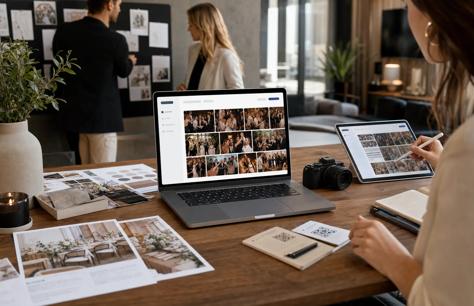 Arbeidsplass i et eventbyrå med dashbord på en laptop, nettbrett, QR-kort og planleggingsmateriell for eventmedier