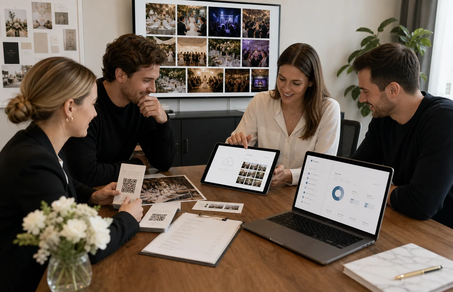 Team i et eventbyrå går gjennom QR-kort, opplastingsflyten på nettbrett og administratorvalg under oppstart