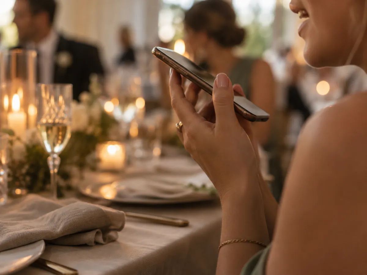 Ospite che registra un messaggio vocale al telefono a un tavolo illuminato dalle candele