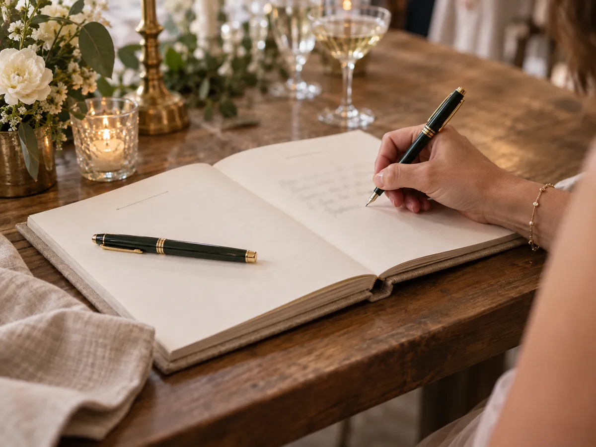 Guestbook di lino aperto su un tavolo di legno, una domanda per pagina, un ospite scrive con la stilografica