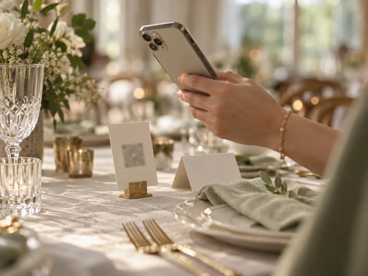 Ospite che tiene il telefono sopra una card con QR code su un tavolo di nozze apparecchiato