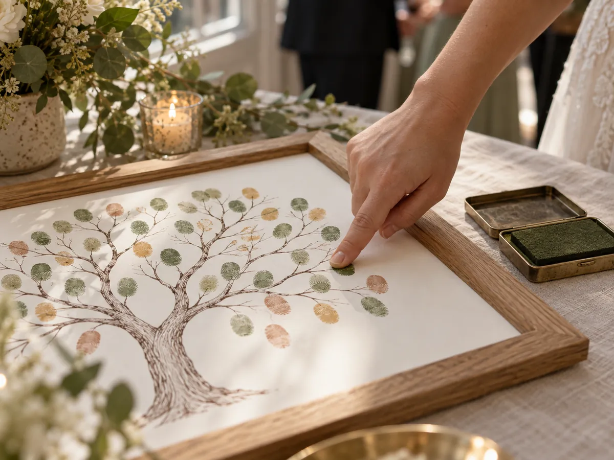 Albero incorniciato con foglie fatte di impronte digitali colorate, accanto un tampone d'inchiostro