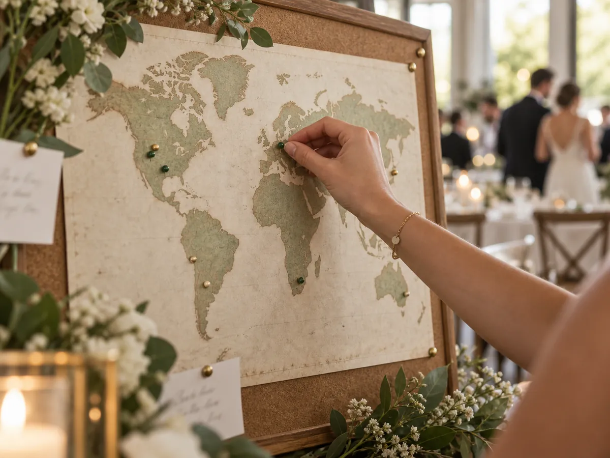 Grande mappa del mondo su una bacheca con puntine colorate e note scritte a mano