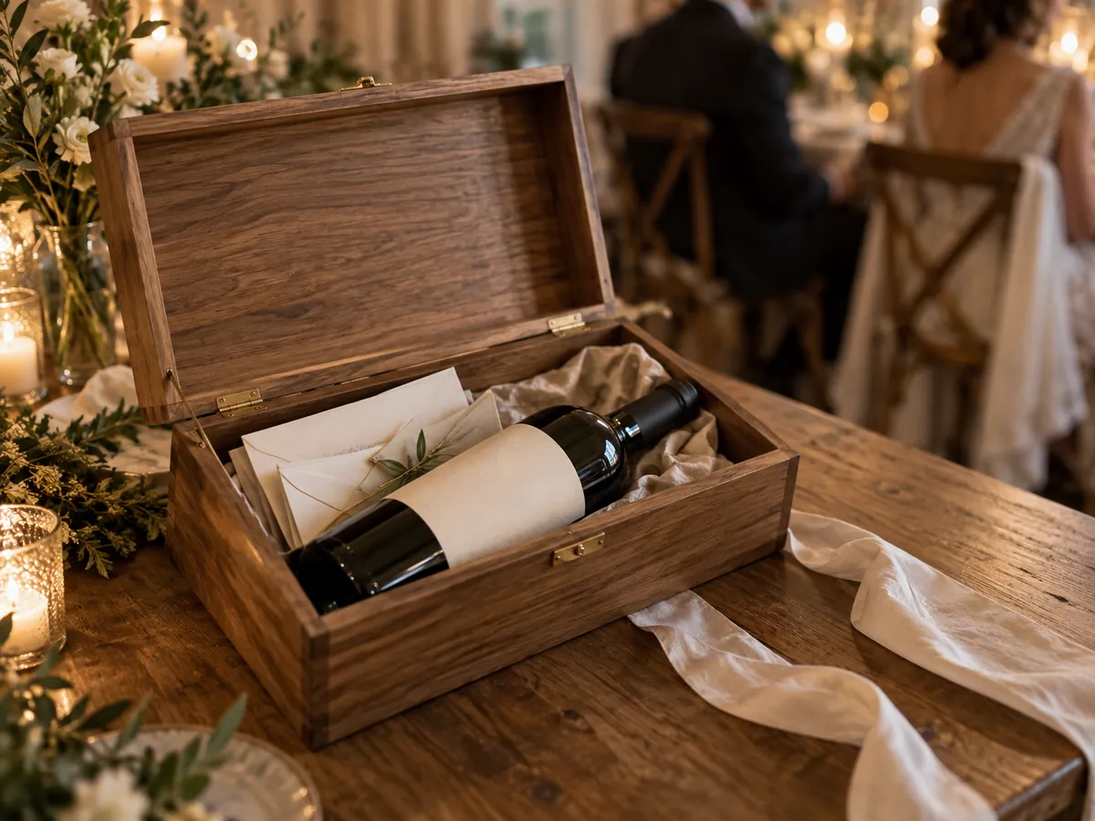 Cassa di vino in legno aperta con una bottiglia e lettere piegate su un tavolino