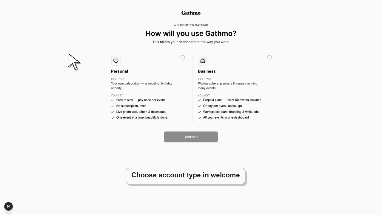 Animated Gathmo dashboard workflow for Choose personal vs business account in the welcome flow