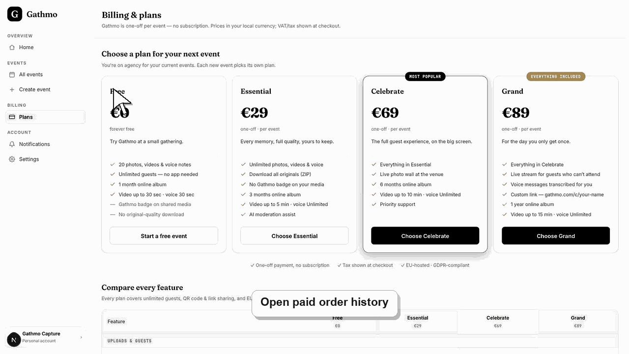 Animated Gathmo dashboard workflow for Manage invoices and VAT receipts