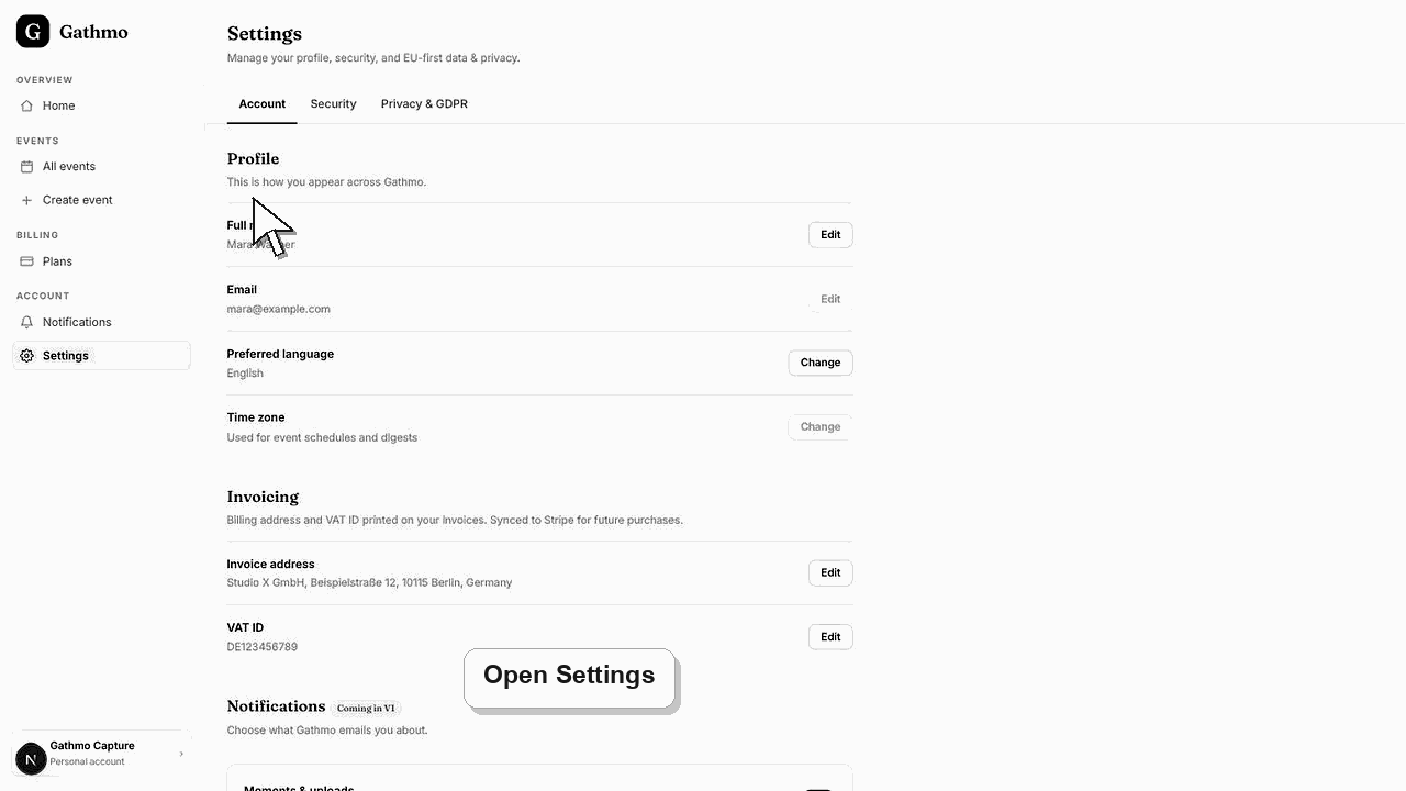 Animated Gathmo dashboard workflow for Update billing address and VAT ID