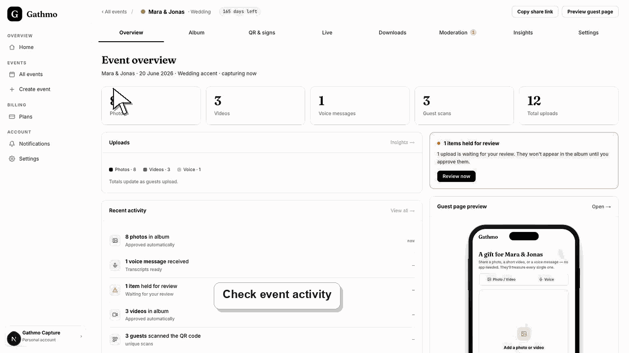 Animated Gathmo dashboard workflow for Debug missing uploads