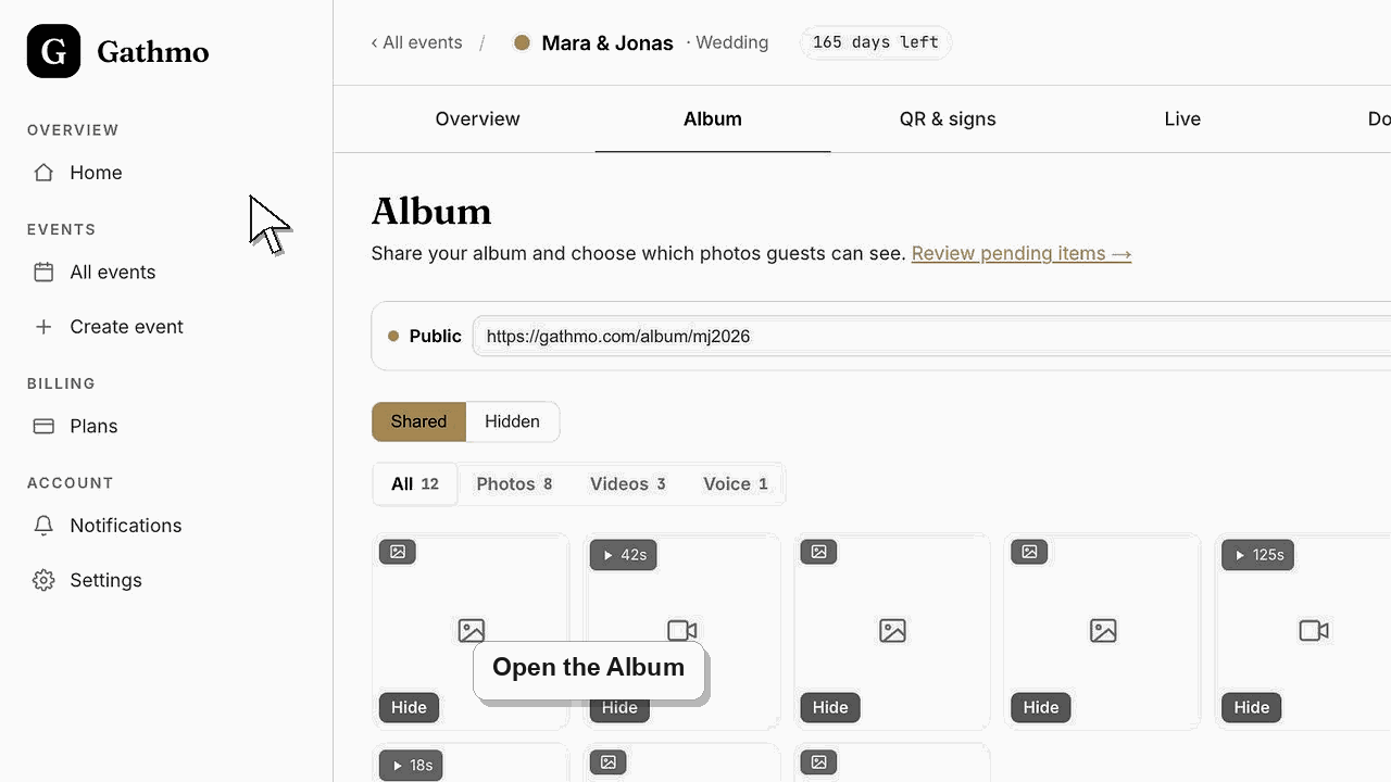 Animated Gathmo dashboard workflow for Hide or delete uploads