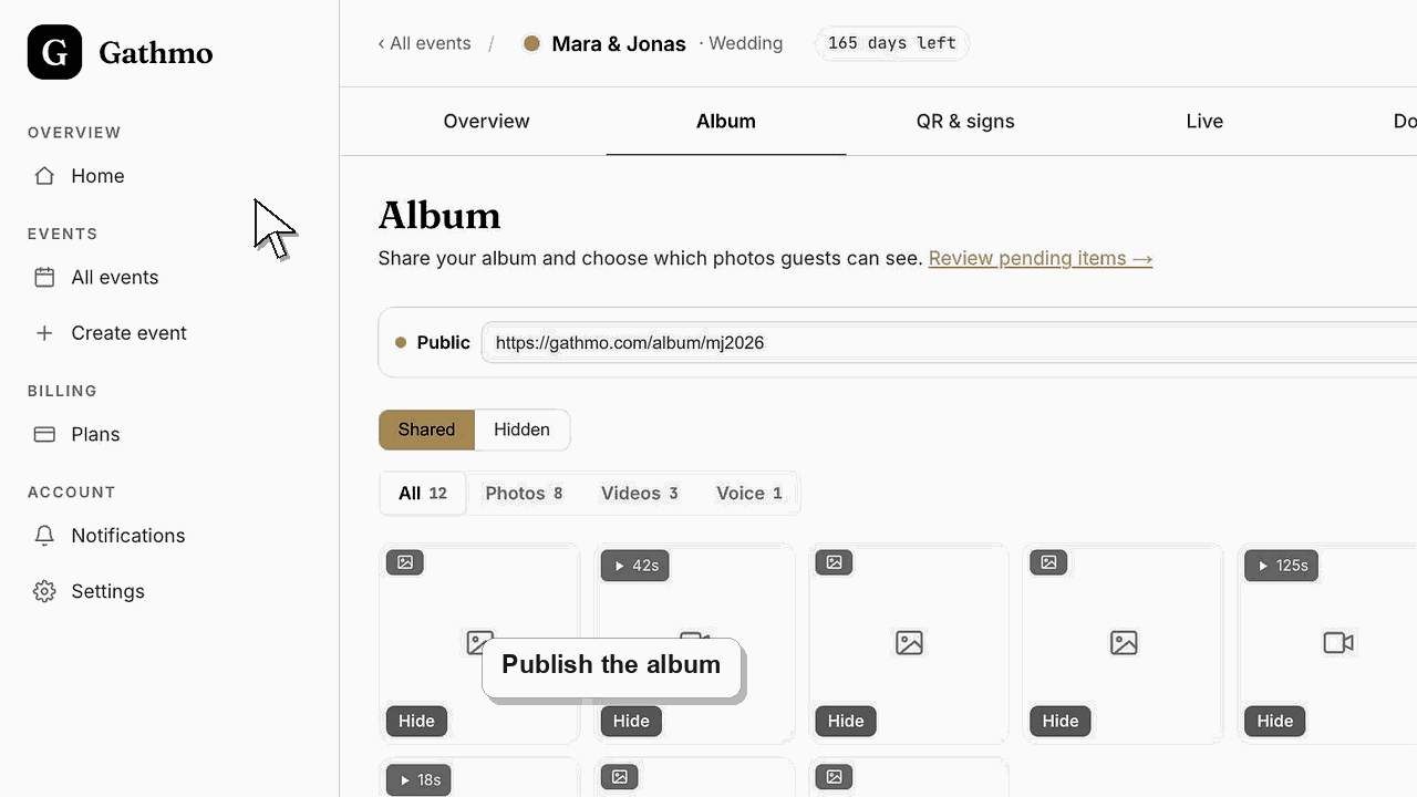 Animated Gathmo dashboard workflow for Share the final gallery with guests