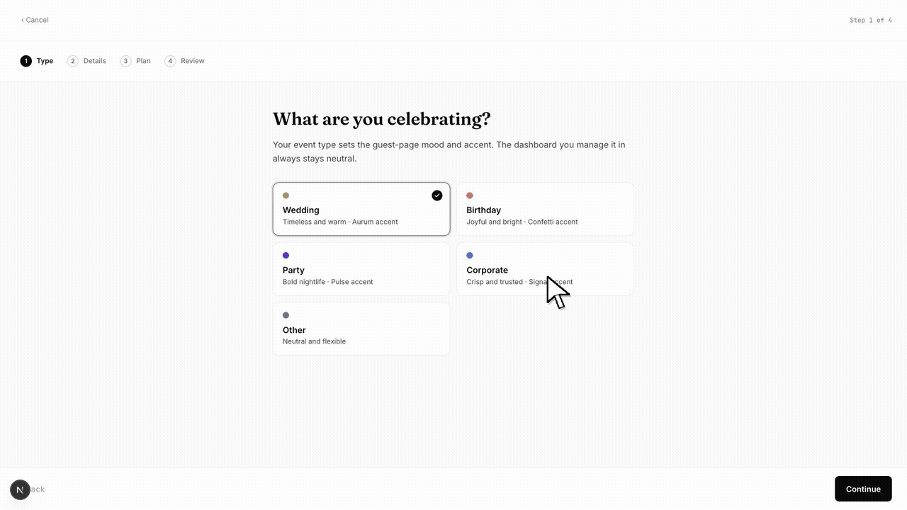 Animated dashboard walkthrough for creating a Gathmo event