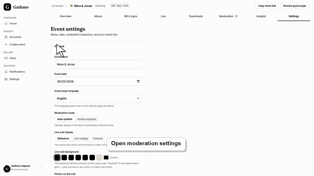 Animated Gathmo dashboard workflow for Change moderation after creating an event