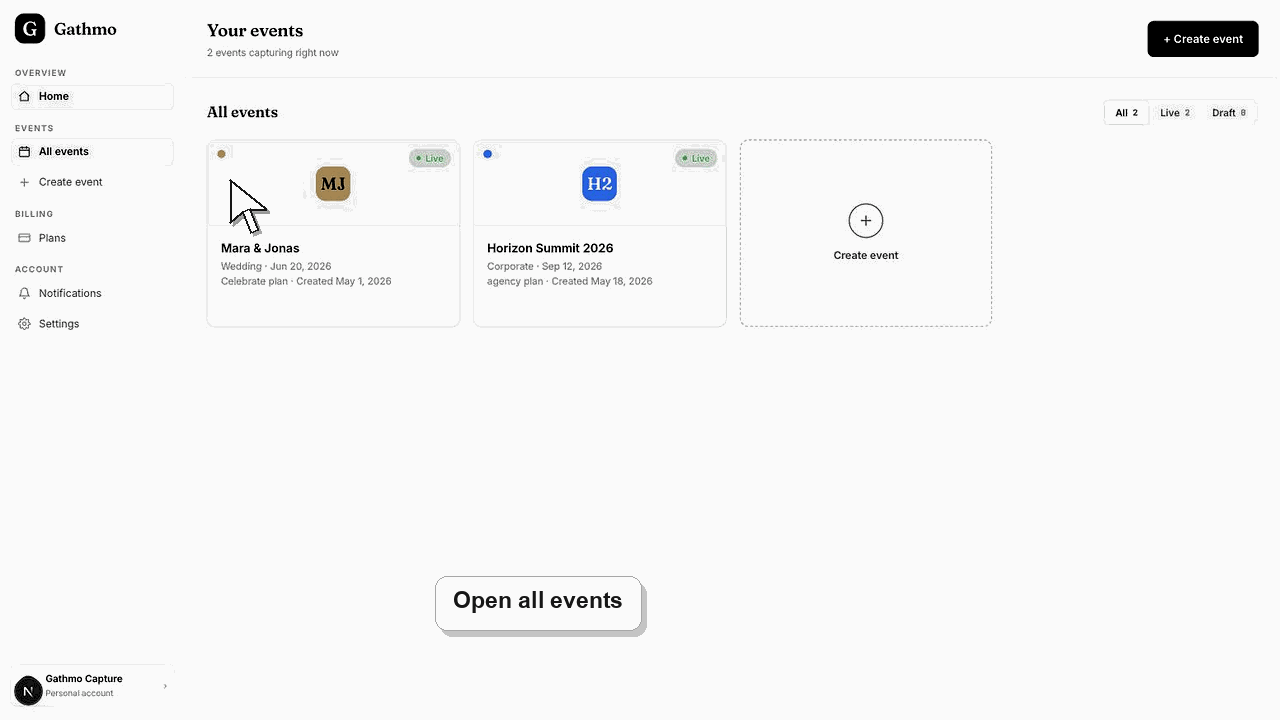 Animated Gathmo dashboard workflow for Navigate the event dashboard