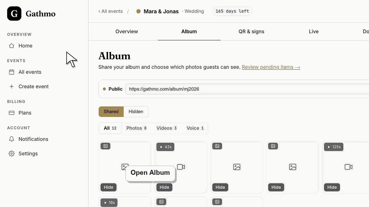 Animated Gathmo dashboard workflow for Publish or hide the album