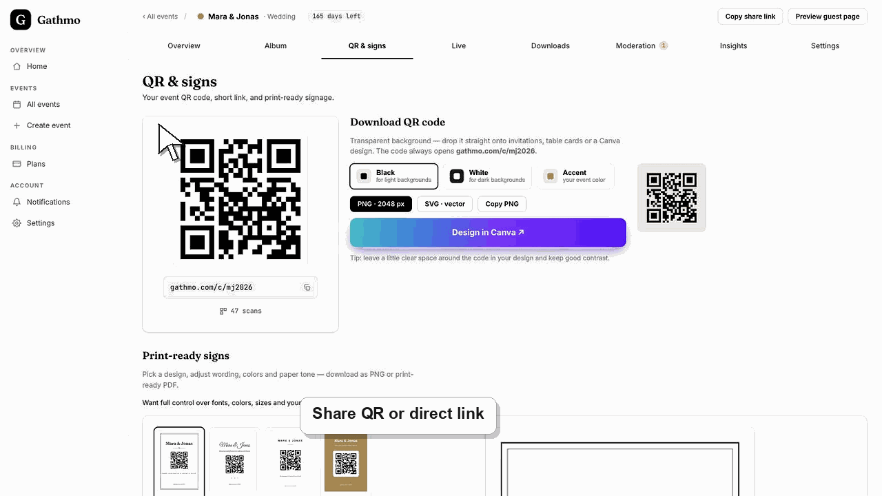 Animated Gathmo dashboard workflow for Do guests need an account?