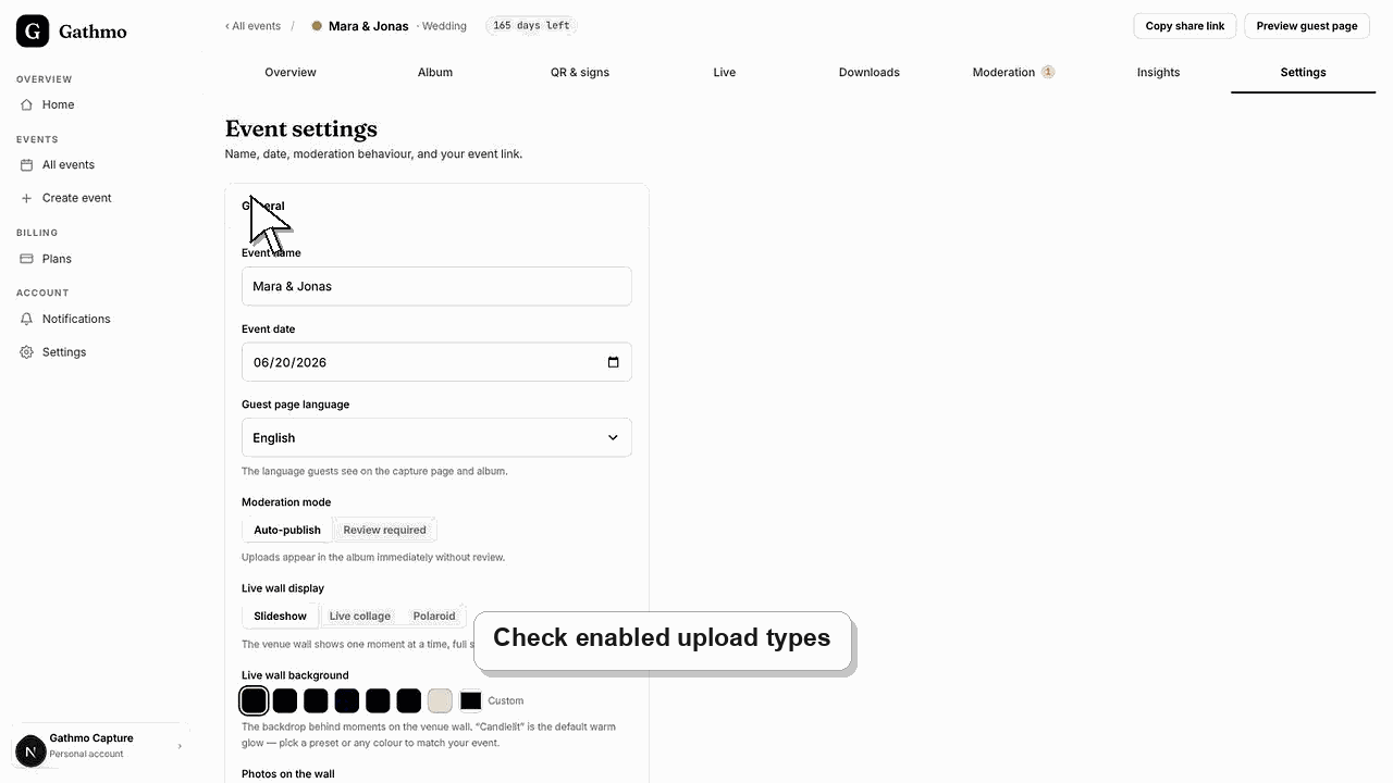 Animated Gathmo dashboard workflow for File types and upload limits