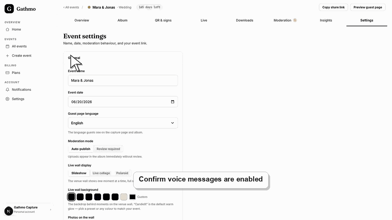 Animated Gathmo dashboard workflow for How guests record voice messages