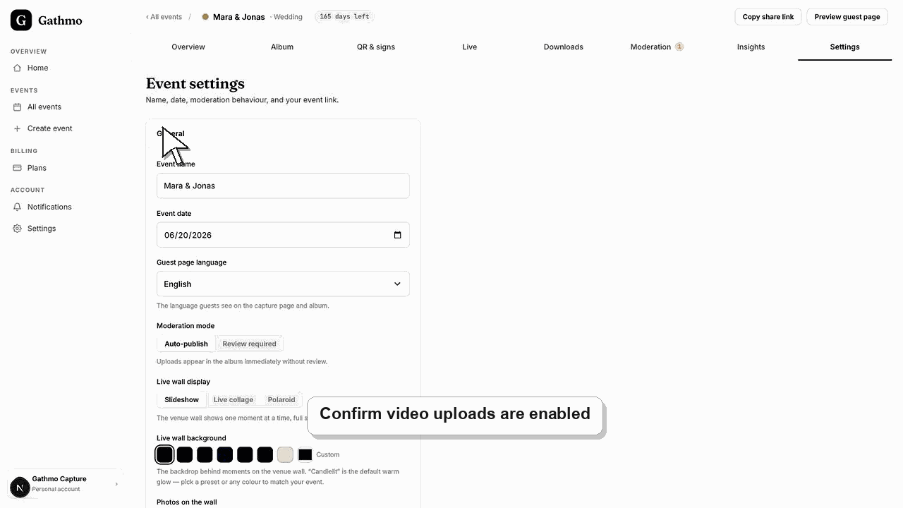 Animated Gathmo dashboard workflow for How guests upload videos