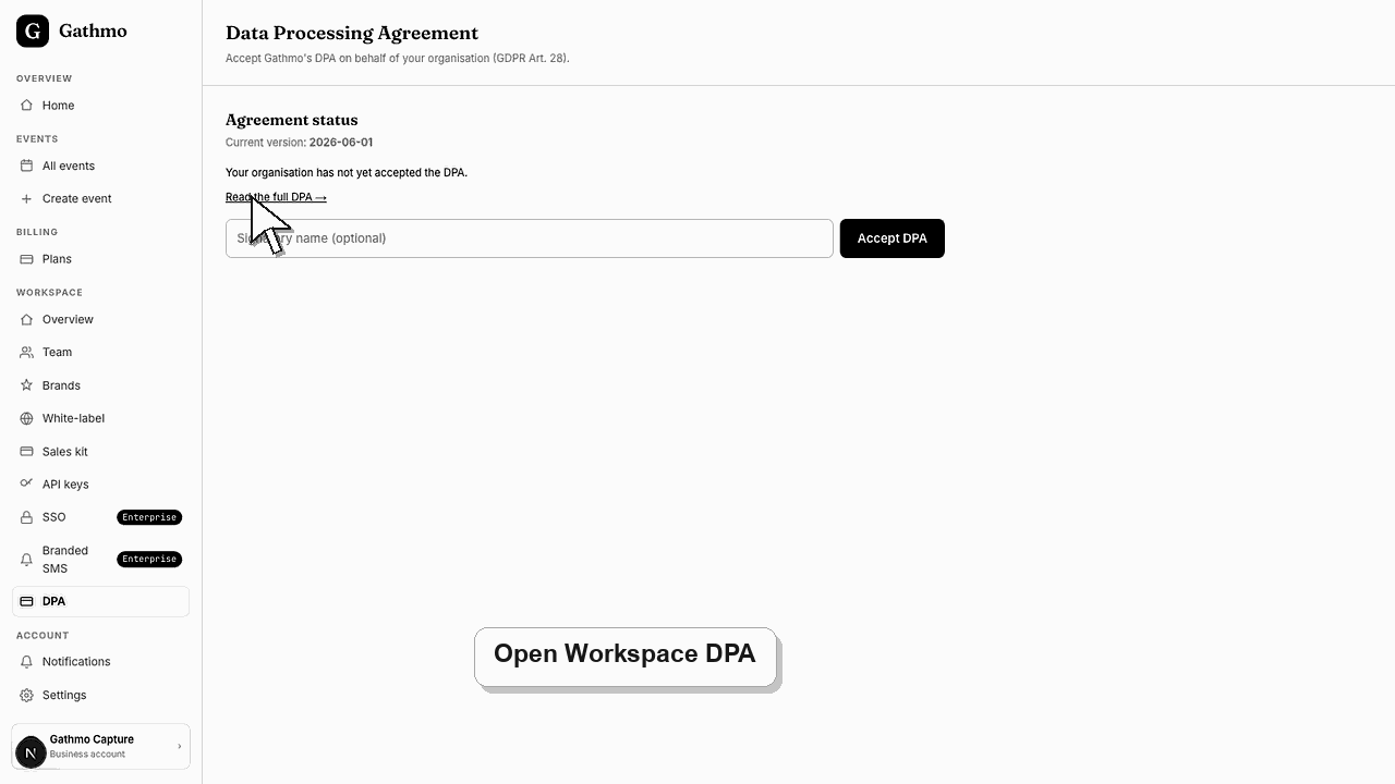 Animated Gathmo dashboard workflow for Accept the DPA for business customers