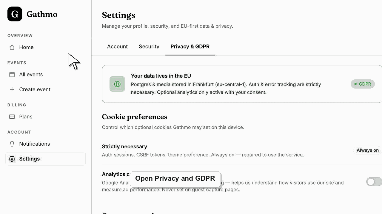 Animated Gathmo dashboard workflow for Delete your account or export account data
