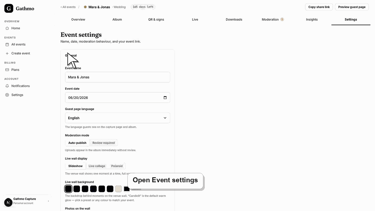 Animated Gathmo dashboard workflow for Keep an event private after the event