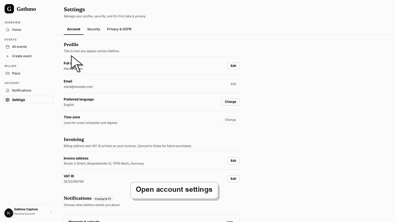 Animated Gathmo dashboard workflow for Review active sessions and sign out other devices