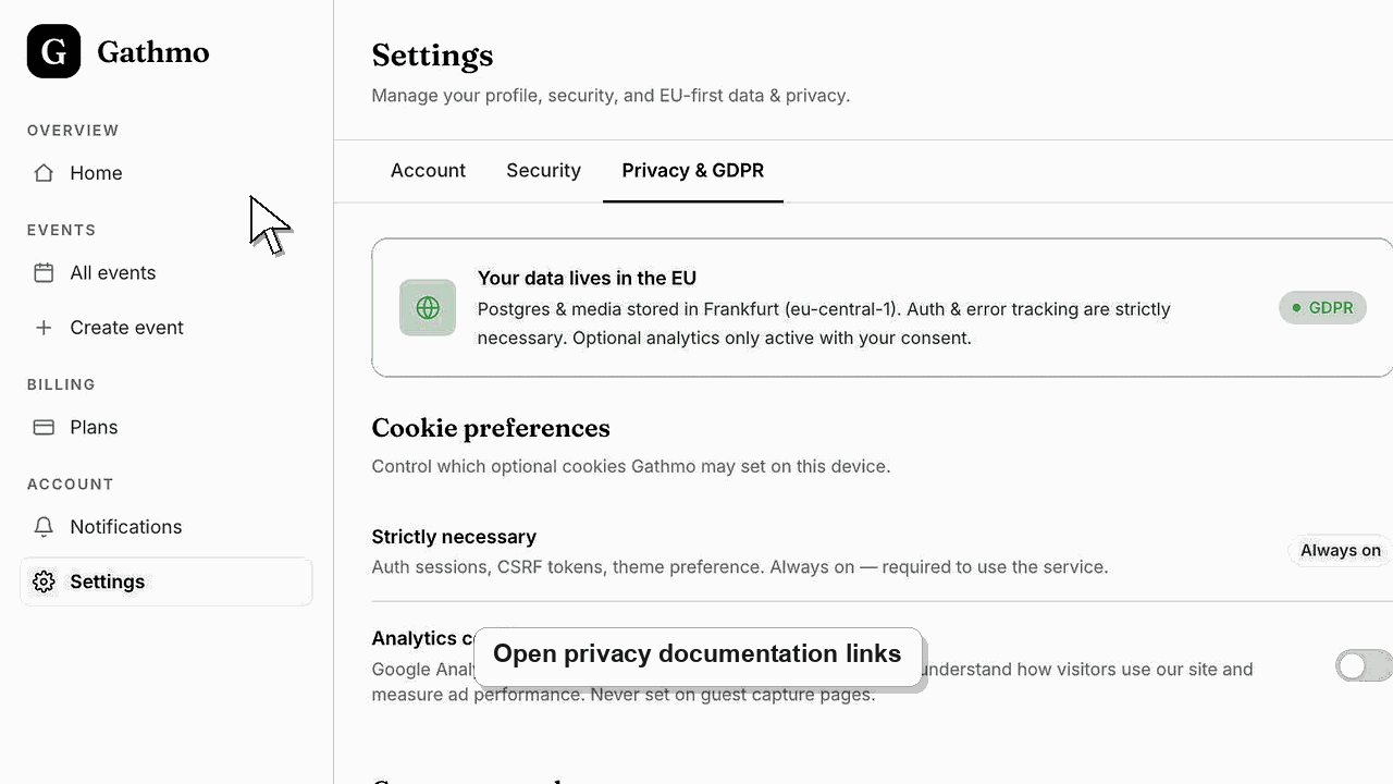 Animated Gathmo dashboard workflow for Where event media is stored