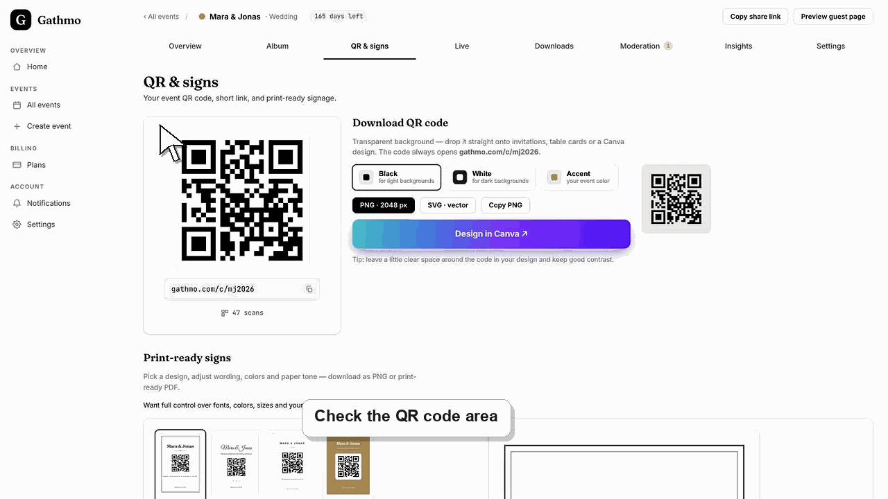 Animated Gathmo dashboard workflow for What to do if a guest cannot scan the QR code