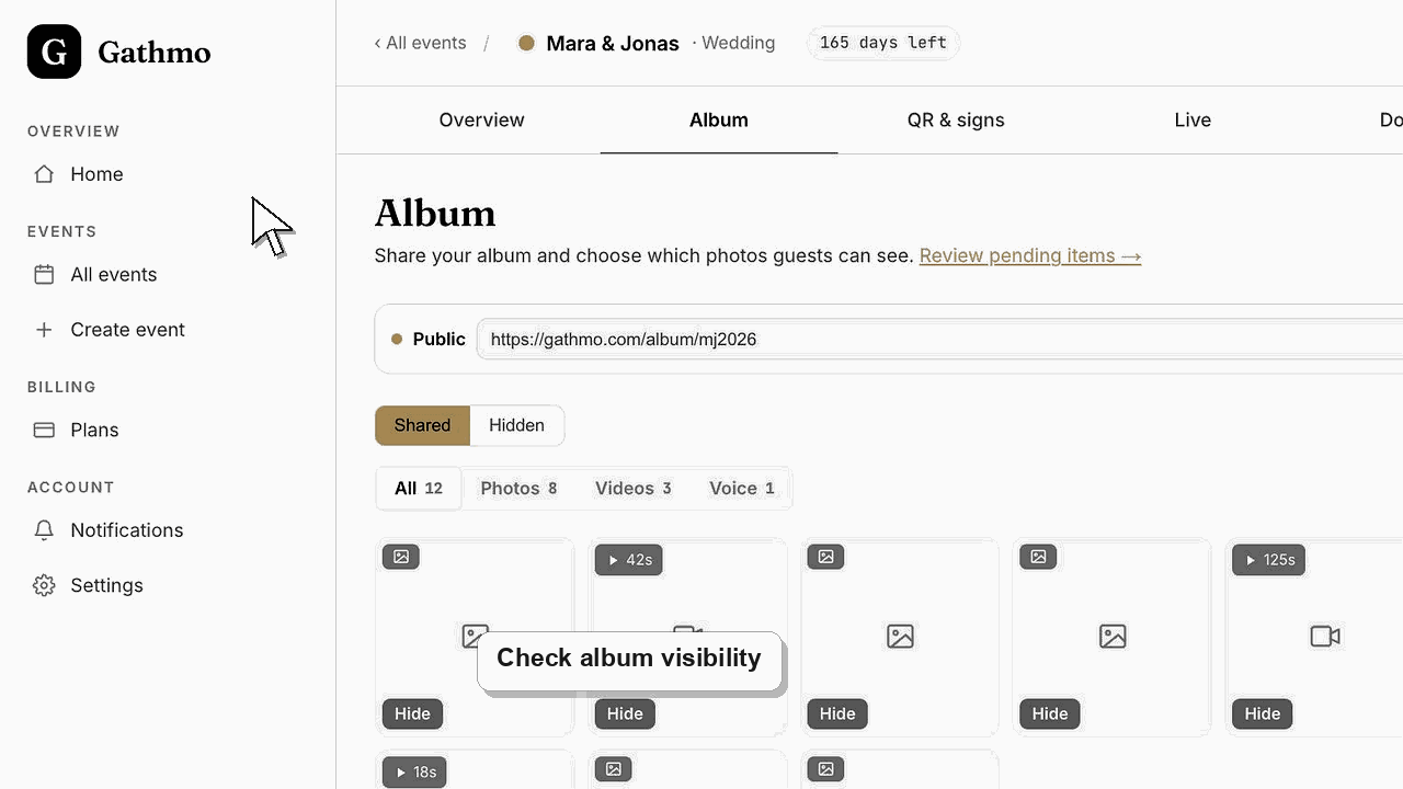 Animated Gathmo dashboard workflow for Guests cannot see the gallery
