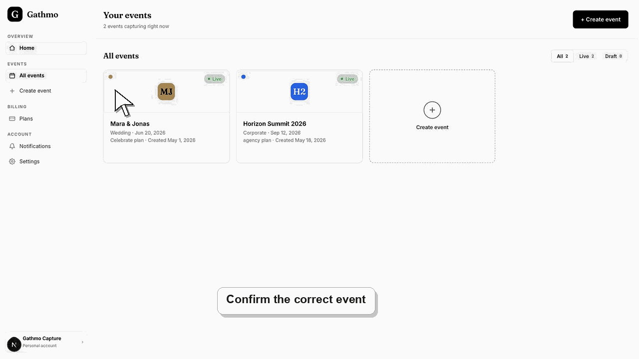 Animated Gathmo dashboard workflow for QR code opens the wrong page