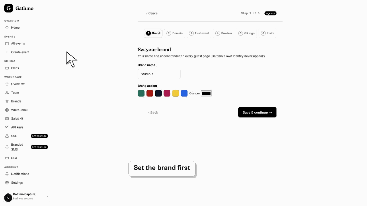 Animated Gathmo dashboard workflow for Complete the white-label setup wizard