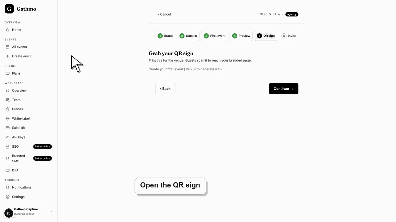 Animated Gathmo dashboard workflow for Download a branded QR sign for a client event
