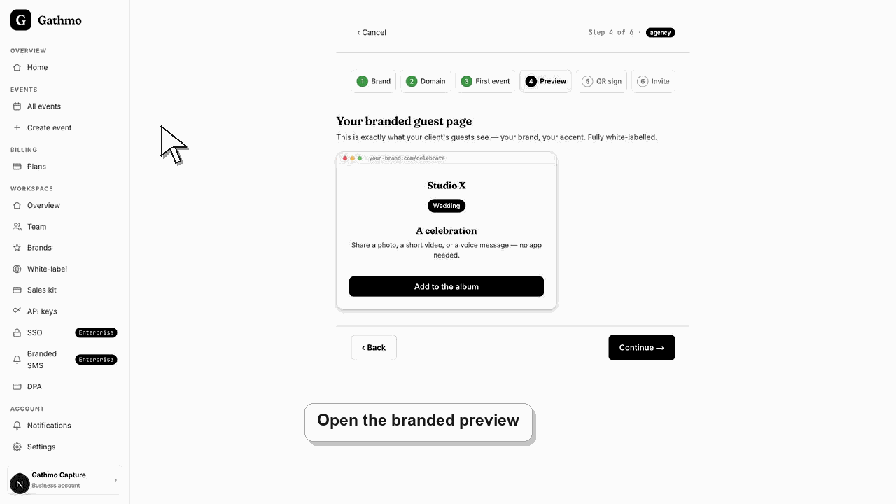 Animated Gathmo dashboard workflow for Preview the branded guest page before launch