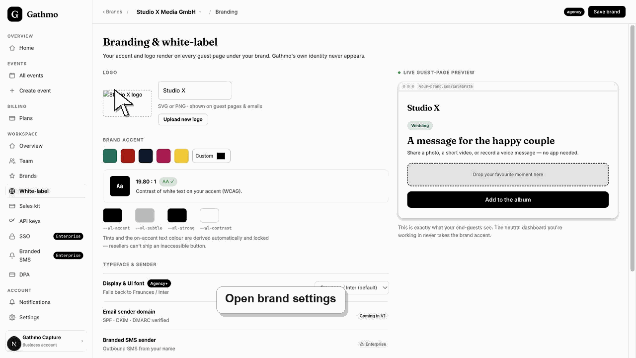 Animated Gathmo dashboard workflow for Set brand name, logo, and colors