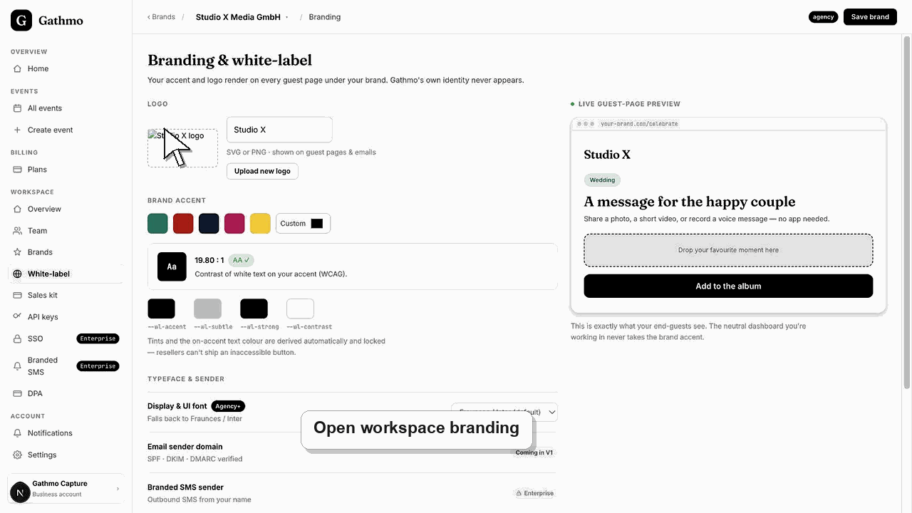 Animated Gathmo dashboard workflow for Share a branded demo link with a client