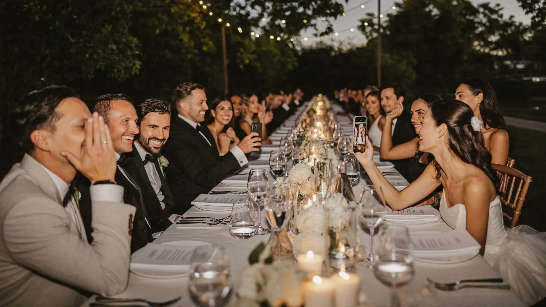 Wedding guests scanning a QR code to upload photos to the couple’s album