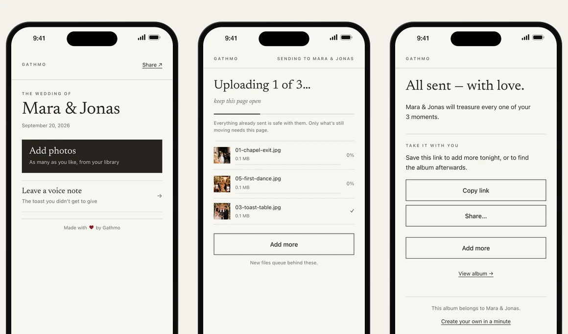 スマホ3画面で見るゲストのアップロード手順：写真か音声メモを選ぶ、アップロードの進行、アルバムリンク付きのお礼画面