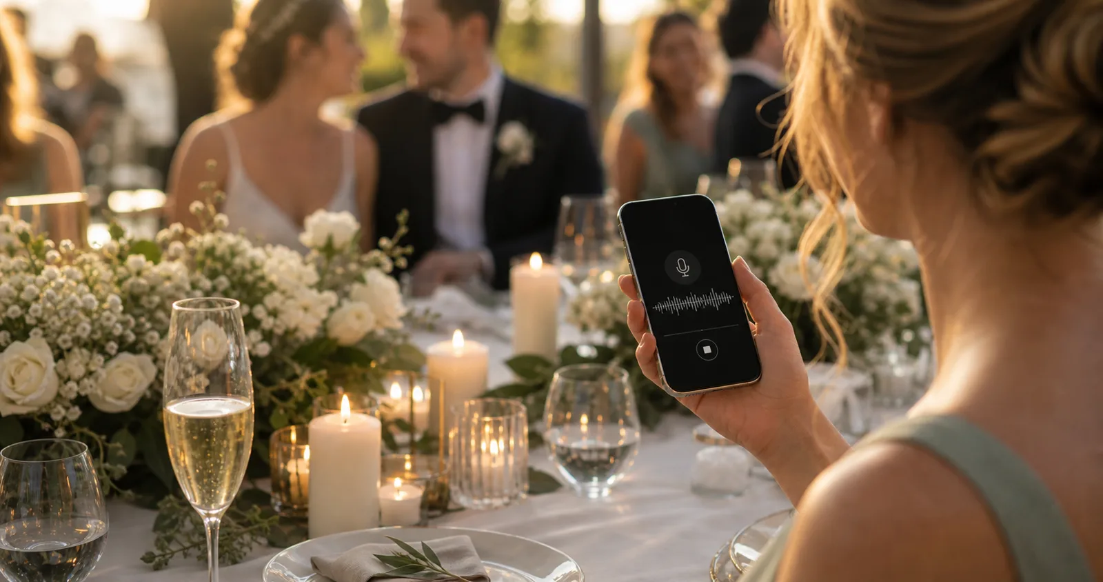 披露宴のテーブルでスマホに音声メッセージを録音するゲスト。背後に新郎新婦